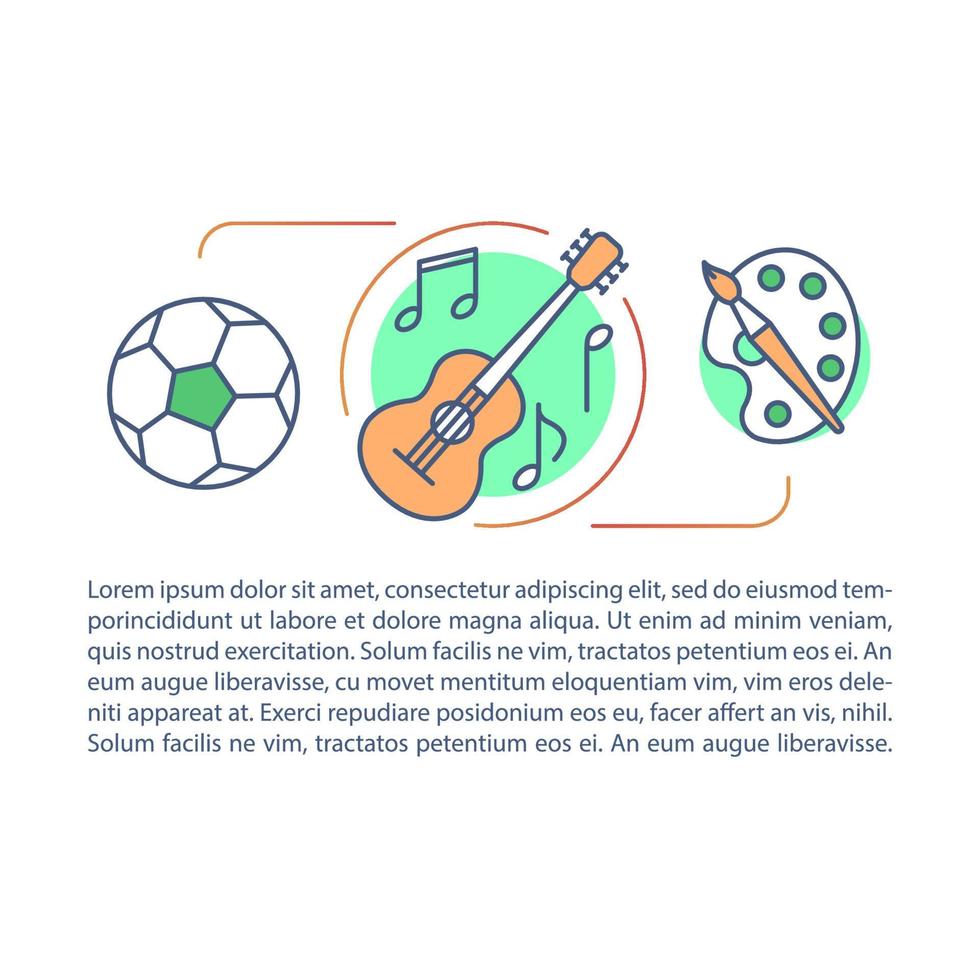 After school activity, hobby article page vector template. Brochure, magazine, booklet design element with linear icons and text boxes. Print design. Concept illustrations with text space