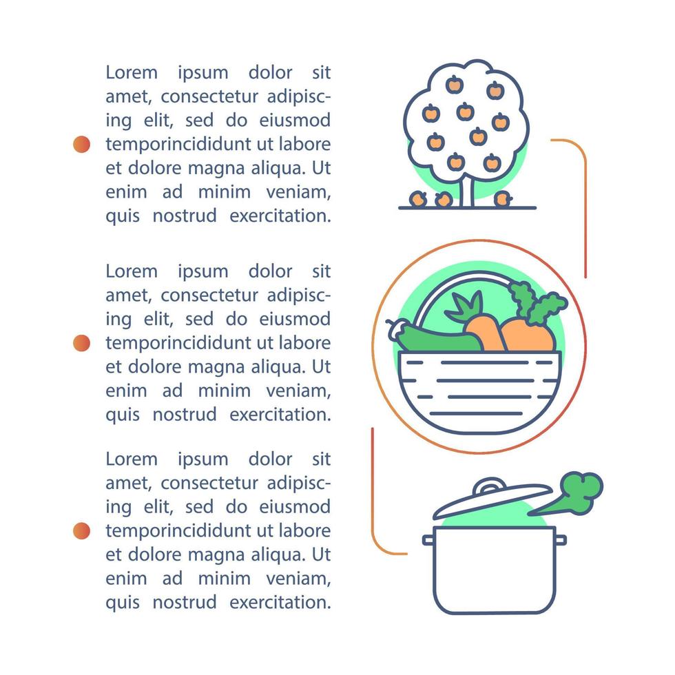 Healthy, natural food, produce article page vector template. Brochure, magazine, booklet design element with linear icons and text boxes. Print design. Concept illustrations with text space