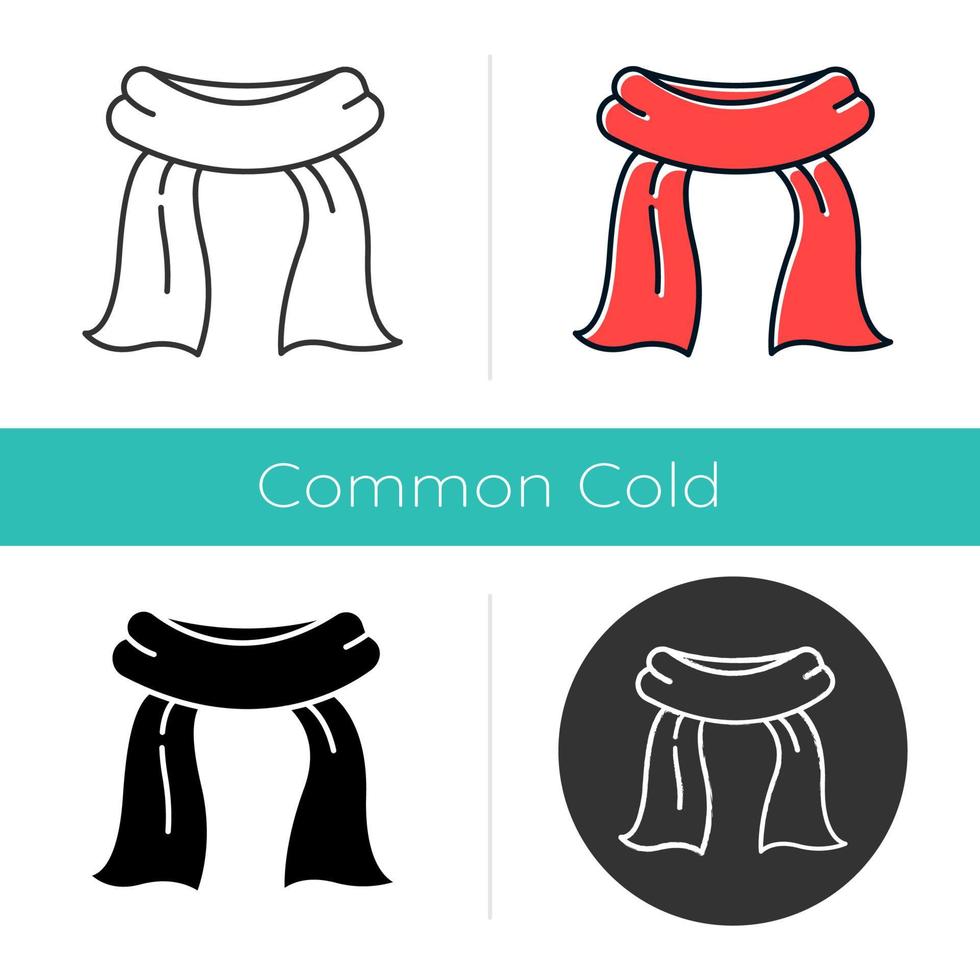Neck scarf icon. Cold weather cloth. Winter garment. Common cold aid. Healthcare. Fashion neckerchief. Grippe precaution. Flat design, linear and color styles. Isolated vector illustrations