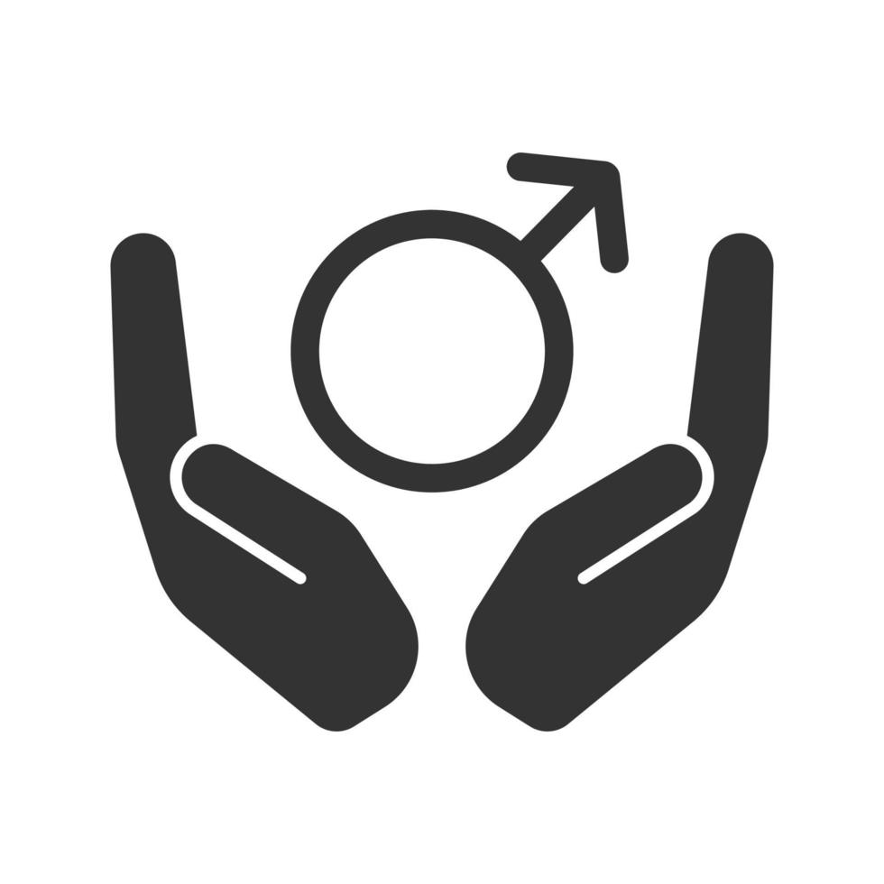 Open palms with male symbol glyph icon. Men's health care. Silhouette symbol. Thin line illustration. Spear and shield of Mars. Negative space. Vector isolated illustration