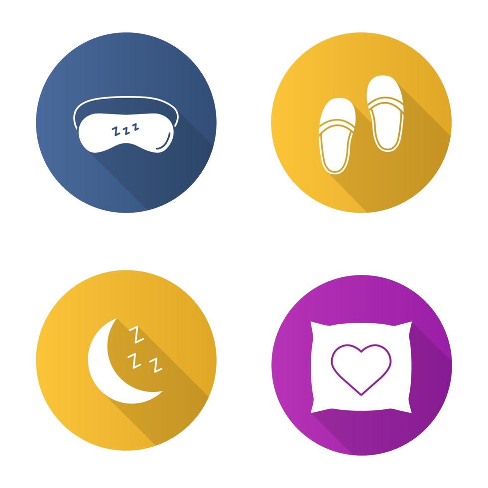 Sleeping accessories flat design long shadow glyph icons set. Sleeping mask, bedroom slippers, moon, pillow with heart shape. Vector silhouette illustration