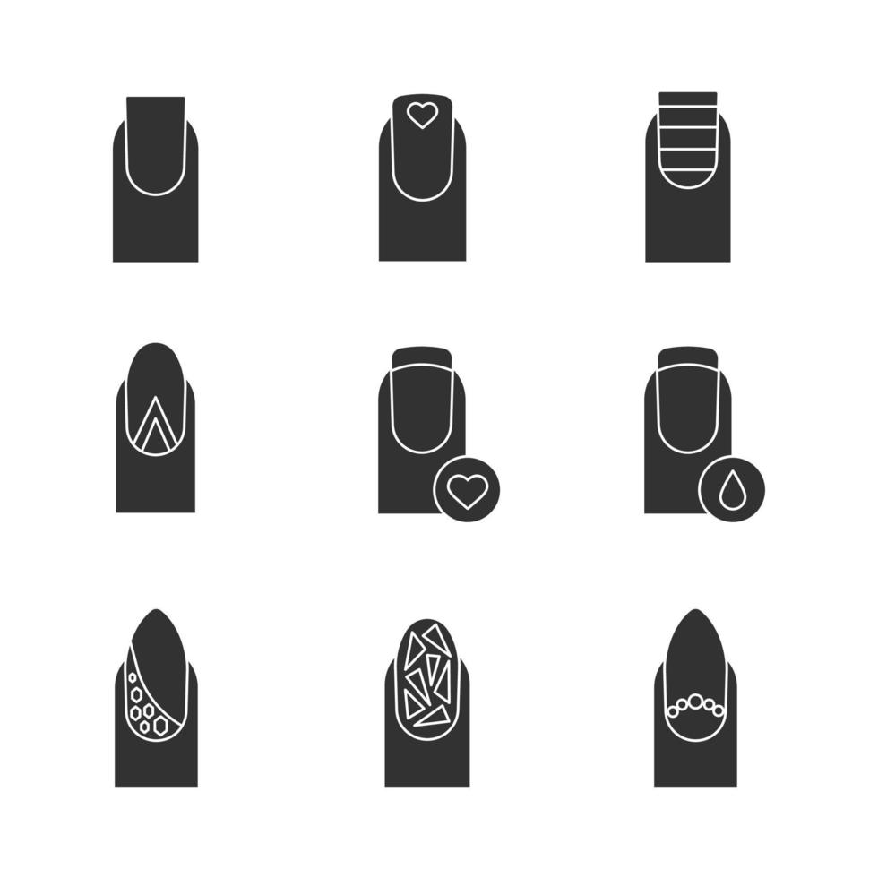 Manicure glyph icons set. Silhouette symbols. Square shaped, almond moon, broken glass manicure. Nails with liquid drop and heart shape. Vector isolated illustration