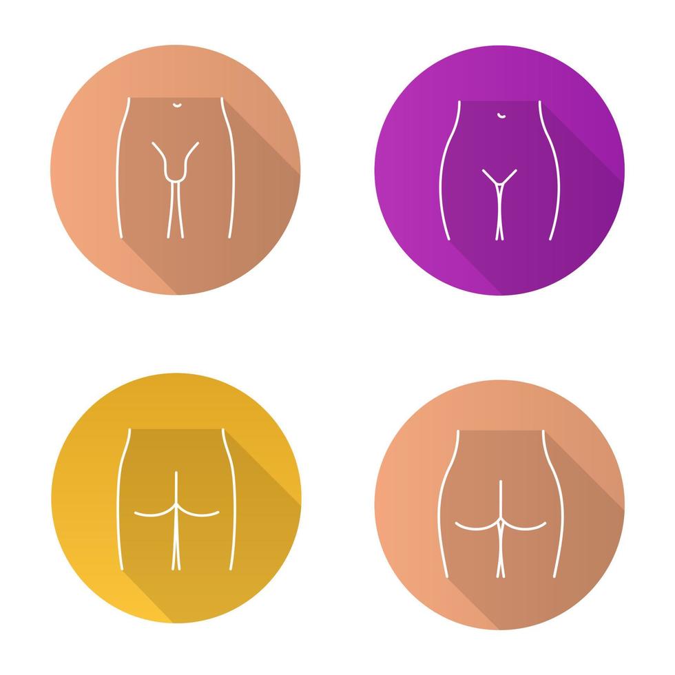 Conjunto de iconos de larga sombra lineal plana de partes del cuerpo. zona del bikini, ingle masculina, glúteos de hombre y mujer. ilustración de contorno vectorial vector