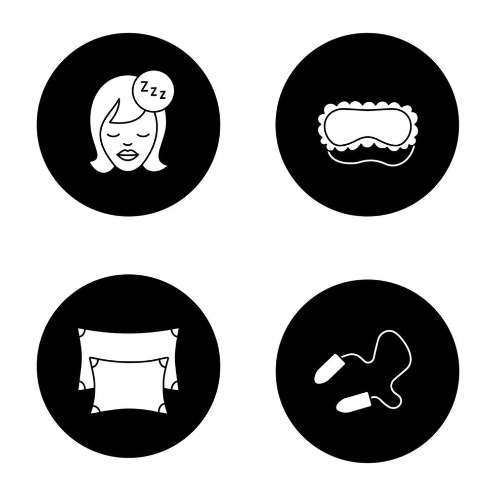 Sleeping accessories glyph icons set. Pillows, earplugs, sleeping woman, mask. Vector white silhouettes illustrations in black circles