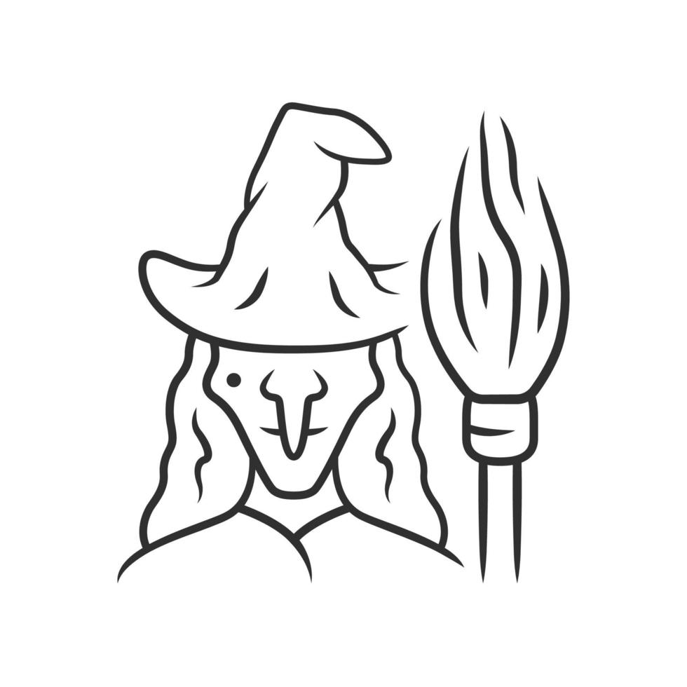 Witch linear icon. Thin line illustration. Wicked sorceress, hag with broomstick. Halloween costume. Evil old woman in wizard hat. Contour symbol. Vector isolated outline drawing. Editable stroke