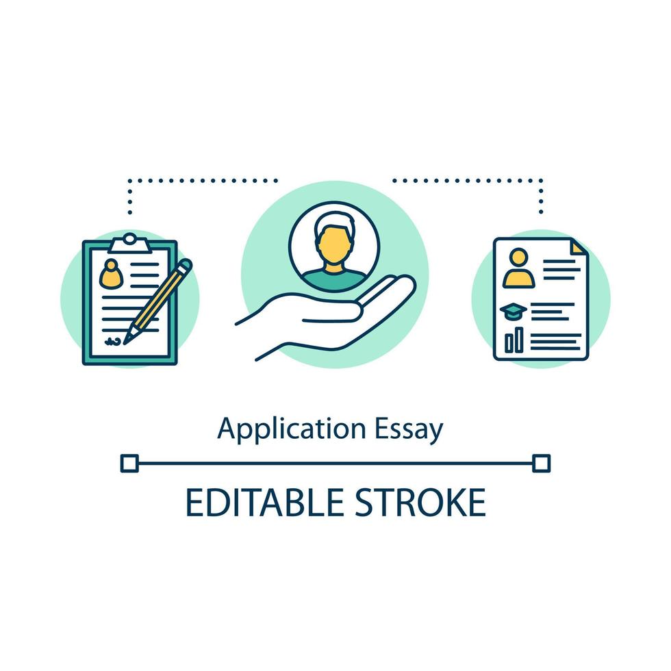 Application essay concept icon. Job search. Summary and curriculum vitae. Seeking employment. Letter of recommendation idea thin line illustration. Vector isolated outline drawing. Editable stroke