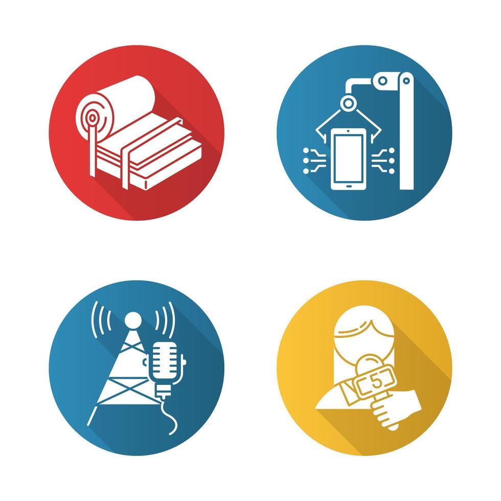 Industry types flat design long shadow glyph icons set. Pulp and paper production. Electronics facility. Broadcasting tower. News and media. Person with microphone. Vector silhouette illustration