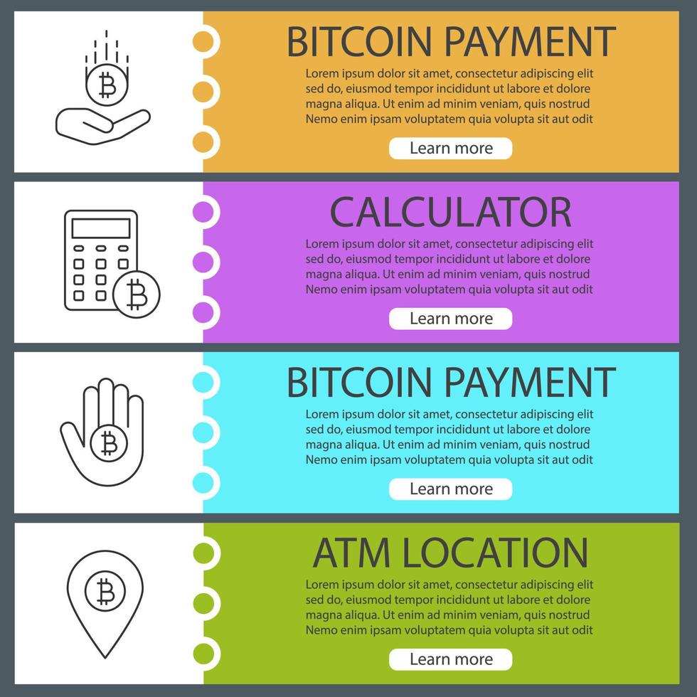 Bitcoin web banner templates set. Bitcoin payment, calculating, ATM location. Website color menu items with linear icons. Vector headers design concepts