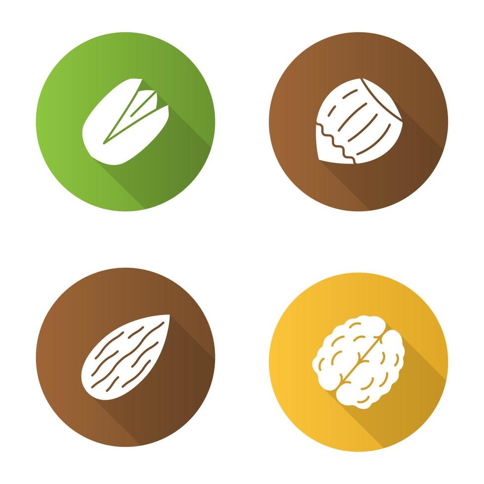 Nuts flat design long shadow glyph icons set. Pistachio, walnut, almond, hazelnut. Vector silhouette illustration