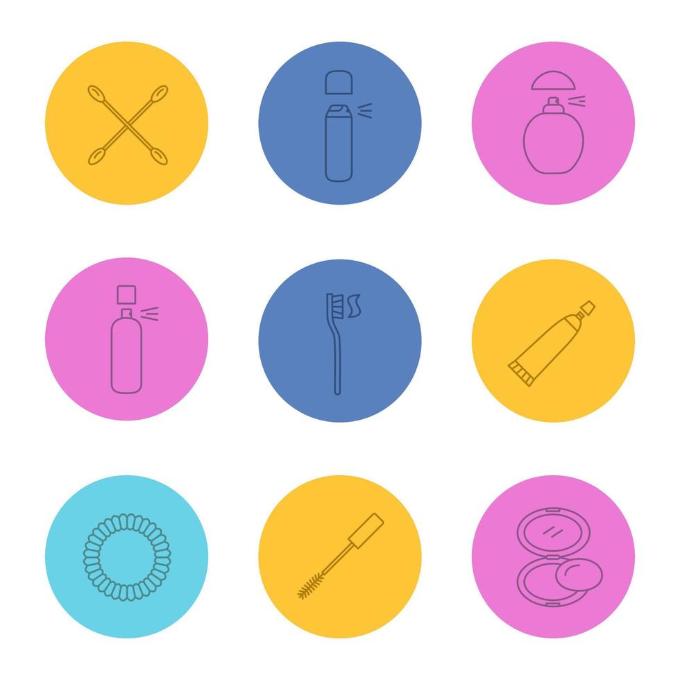 Cosmetics accessories linear icons set. Earsticks, deodorant bottles, perfume, toothbrush, toothpaste, hair scrunchy, mascara, rouge. Thin line outline symbols on color circles. Vector illustrations