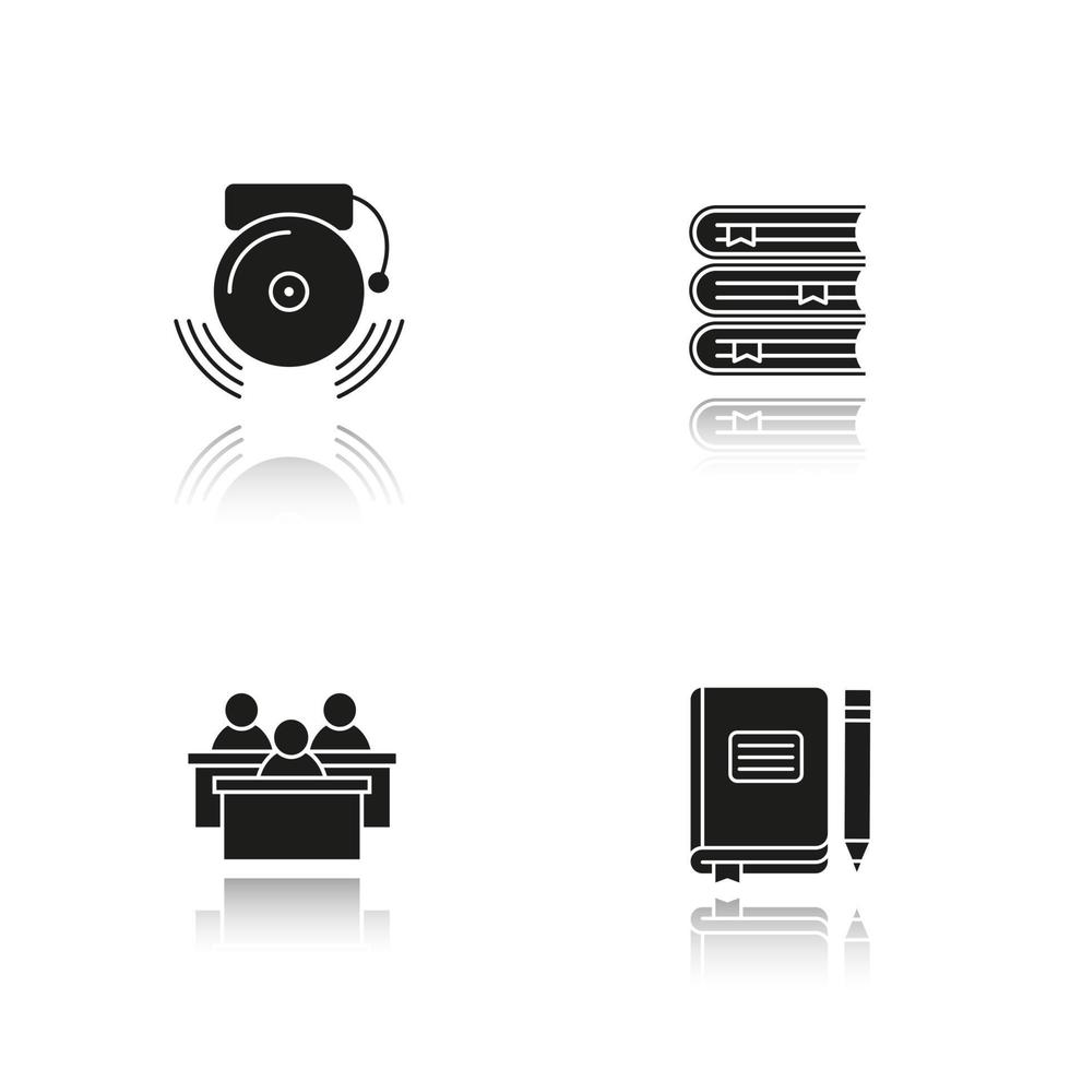 School drop shadow black glyph icons set. Students, class journal with pencil, ringing school bell, books stack. Isolated vector illustrations