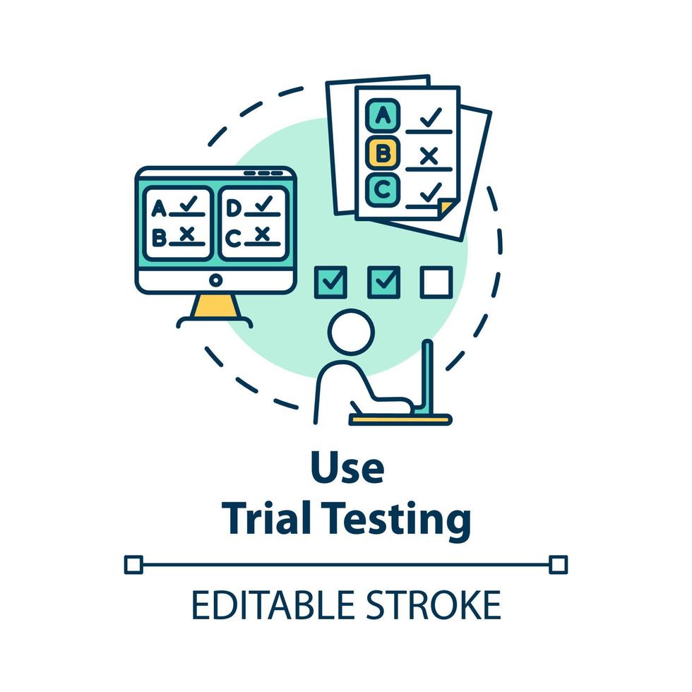 Use trial testing concept icon. Passing online test. Check knowledge and level of training. Entrance examination idea thin line illustration. Vector isolated outline drawing. Editable stroke