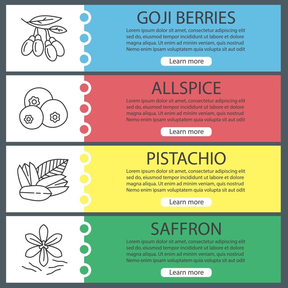 Spices web banner templates set. Goji berries, allspice, pistachio, saffron. Website color menu items with linear icons. Vector headers design concepts