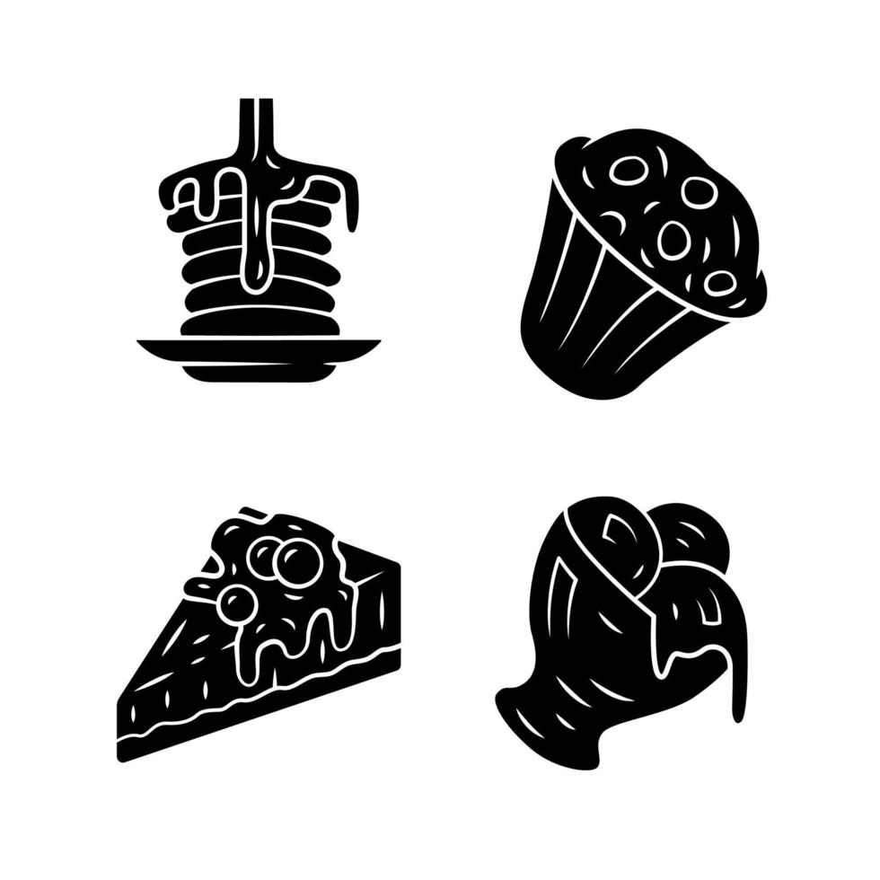 Desserts glyph icons set. Pancakes, muffin, cheesecake, ice cream. Bakery shop, confectionery menu. Plombir, cupcake. Sweet food, confections dishes. Silhouette symbols. Vector isolated illustration