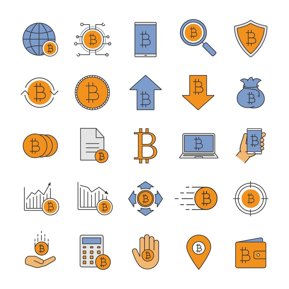 Bitcoin color icons set. Cryptocurrency. Digital payment system. Isolated vector illustrations