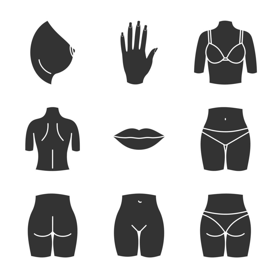 Conjunto de iconos de glifo de partes del cuerpo femenino. mano, pecho, labios, espalda, glúteos, zona del bikini de la mujer. símbolos de silueta. vector ilustración aislada
