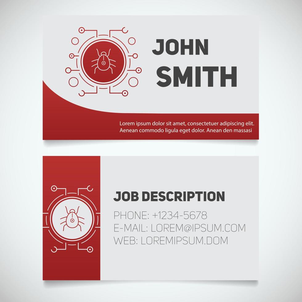 Business card print template with computer virus bug logo. Programmer. Cyber security. Stationery design concept. Vector illustration