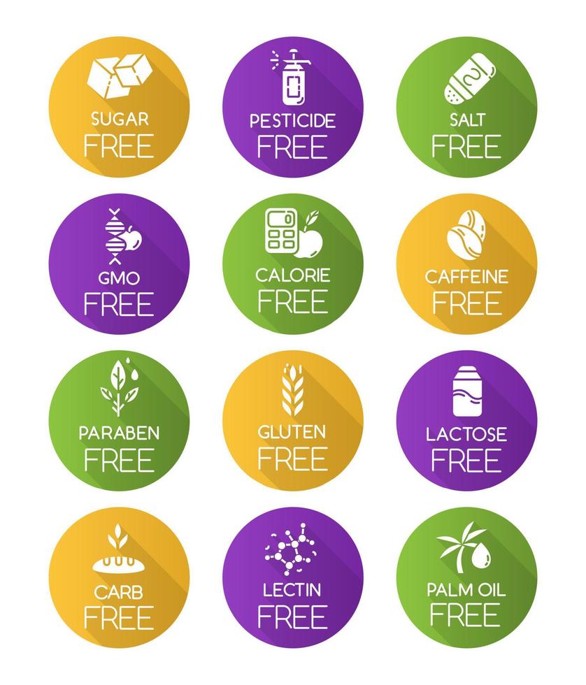 Product free ingredient flat design long shadow glyph icons set. No lectine, paraben, gluten. Organic food, healthy eating. Dietary without allergens and sweeteners. Vector silhouette illustration