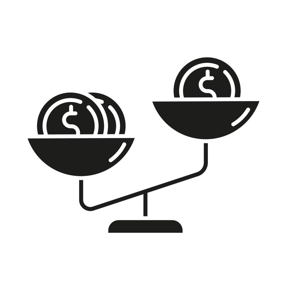 Compare price glyph icon. Coins on scales. Product value comparison. Financial expenses planning. Earning and spending. Silhouette symbol. Negative space. Vector isolated illustration