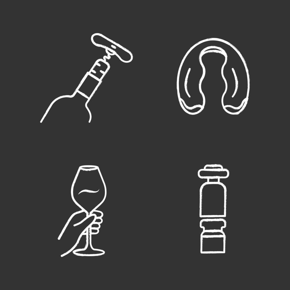 Winery and wine service chalk icons set. Hand holding glass of cocktail. Bottle with corkscrew. Decanter, foil cutter. Aperitif drink, alcohol beverage. Isolated vector chalkboard illustrations