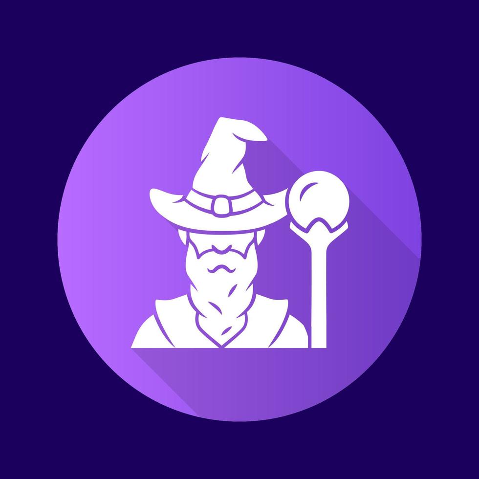 asistente púrpura diseño plano larga sombra glifo icono. hechicero, mago con sombrero. anciano sabio, druida de fantasía. brujo de cuento de hadas con barba. disfraz de Halloween. ilustración de silueta de vector