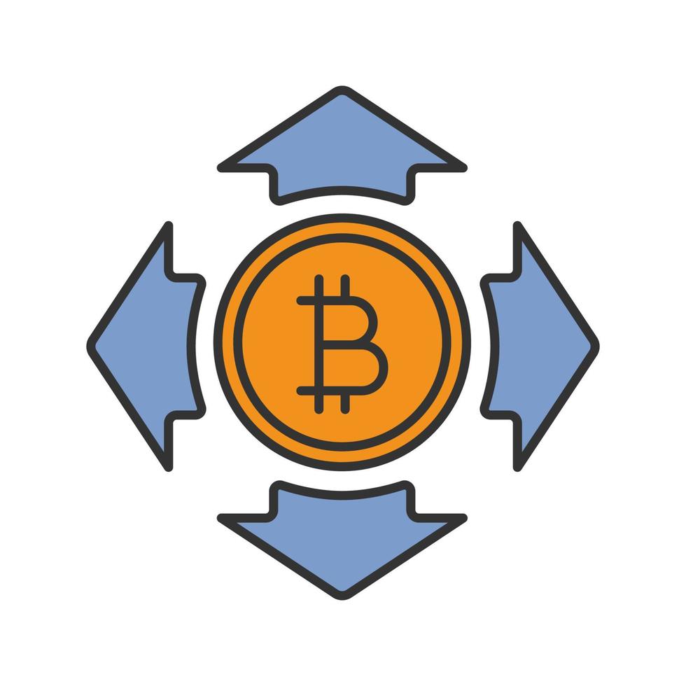 Bitcoin spending color icon. Bitcoin currency with all direction arrows. Expanses. Isolated vector illustration