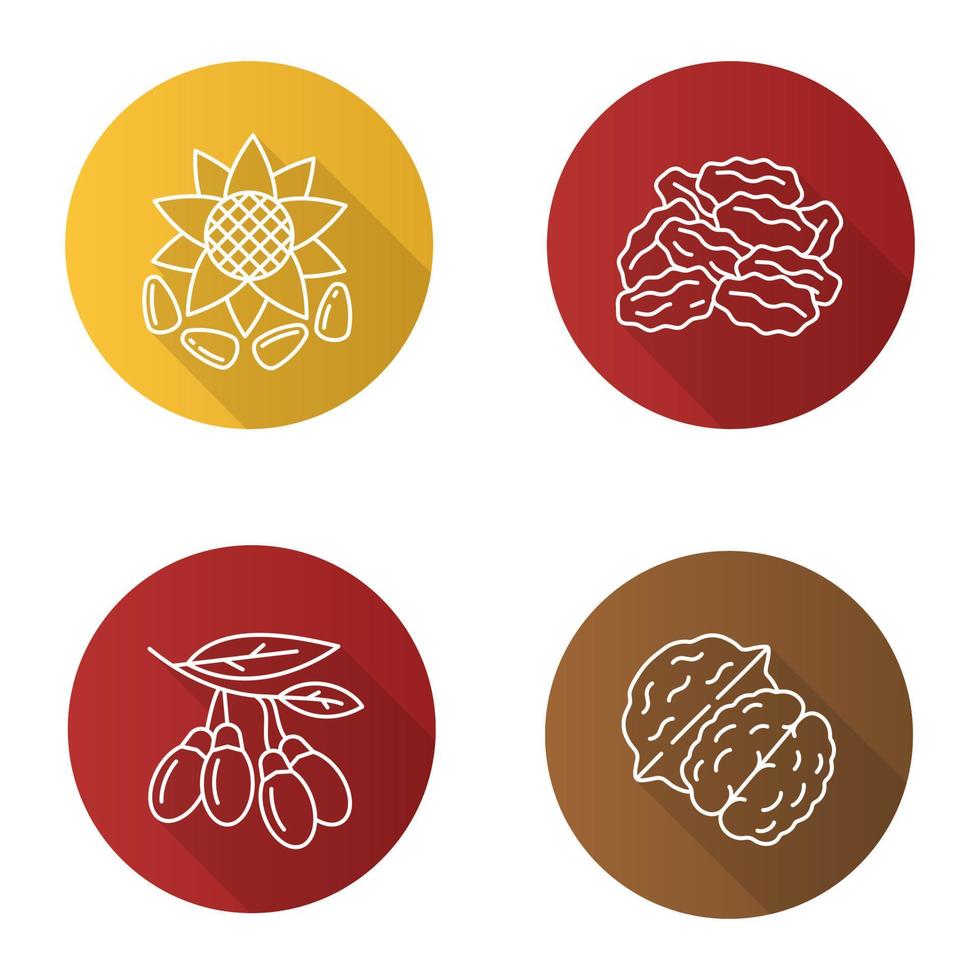 Spices flat linear long shadow icons set. Sunflower seeds, raisins, goji berries, walnut. Vector outline illustration