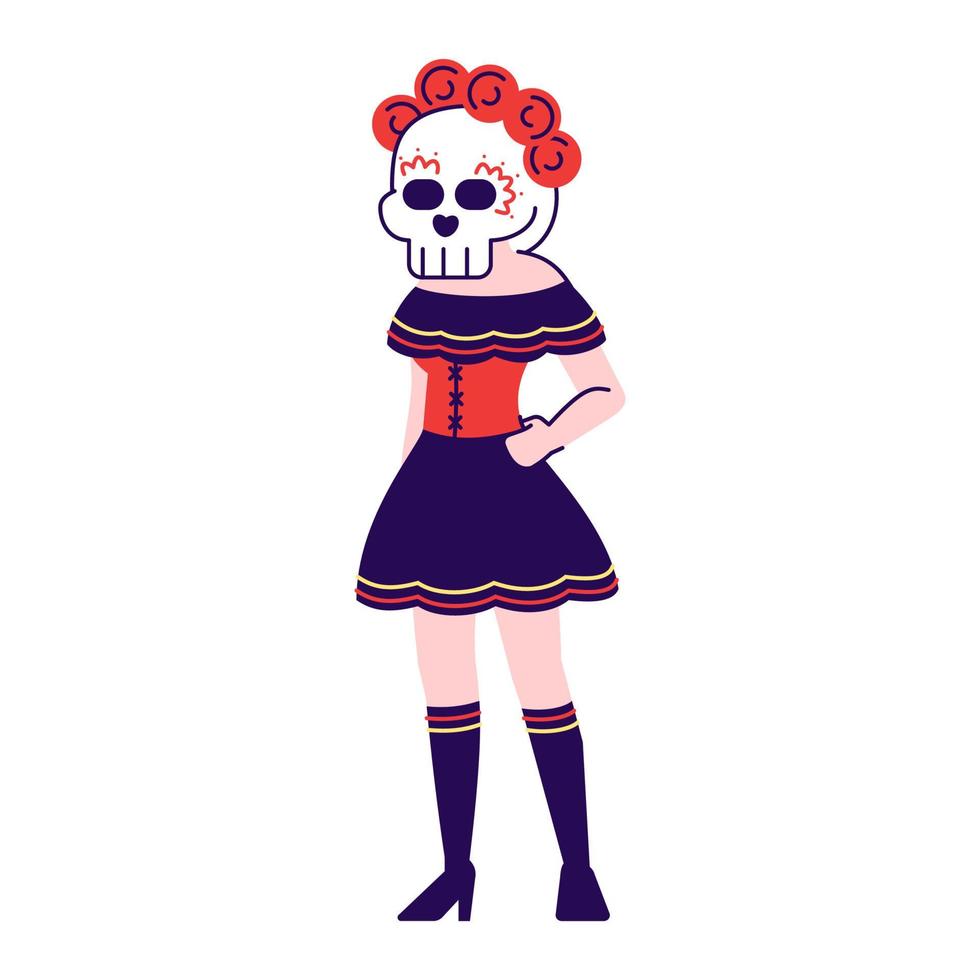 chica con cara de calavera de azúcar conjunto de ilustraciones vectoriales planas. personaje de dibujos animados con elementos de contorno aislados sobre fondo blanco. traje de celebración del dia de los muertos. dia de muertos mexicano vector