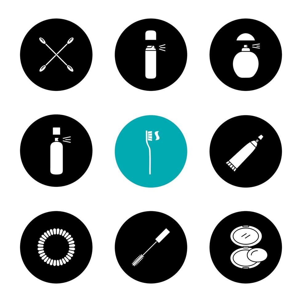 Cosmetics accessories glyph icons set. Earsticks, deodorant bottles, perfume, toothbrush, toothpaste, hair scrunchy, mascara, rouge. Vector white silhouettes illustrations in black circles