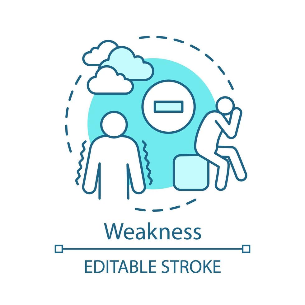 Weakness turquoise concept icon. Stress, sickness, disease idea thin line illustration. Unhappy, depressed person vector isolated outline drawing. Weak, tired people. Sadness, despair. Editable stroke
