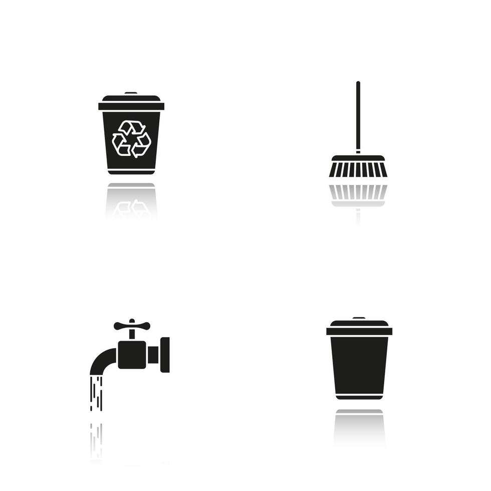 Cleaning service drop shadow black icons set. Environment protection. Running tap water, recycle bins, mop. Isolated vector illustrations