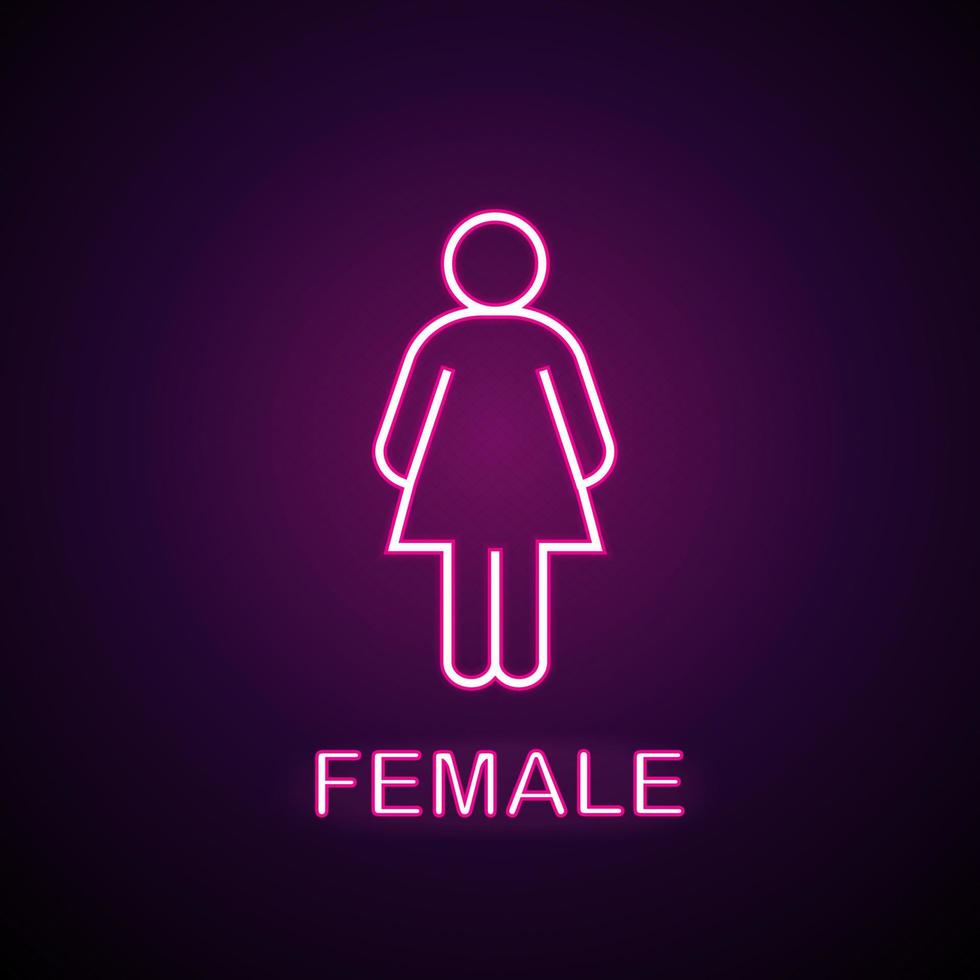 Female silhouette neon light icon. Ladies WC door glowing sign. Women's clothes department store. Vector isolated illustration
