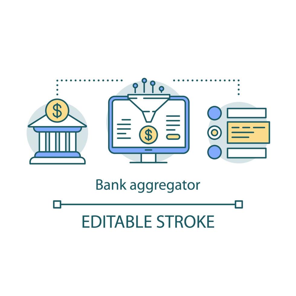 Bank aggregator service concept icon. Data compiling, account information gathering idea thin line illustration. Online banking company services. Vector isolated outline drawing. Editable stroke