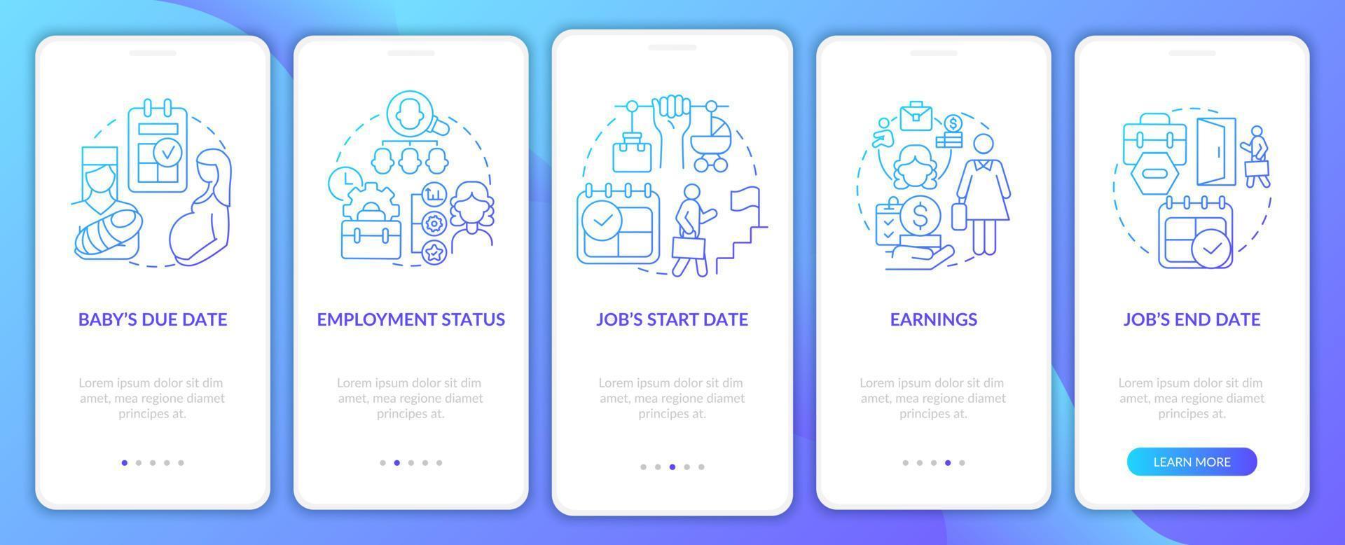Calculate maternity pay blue gradient onboarding mobile app page screen vector