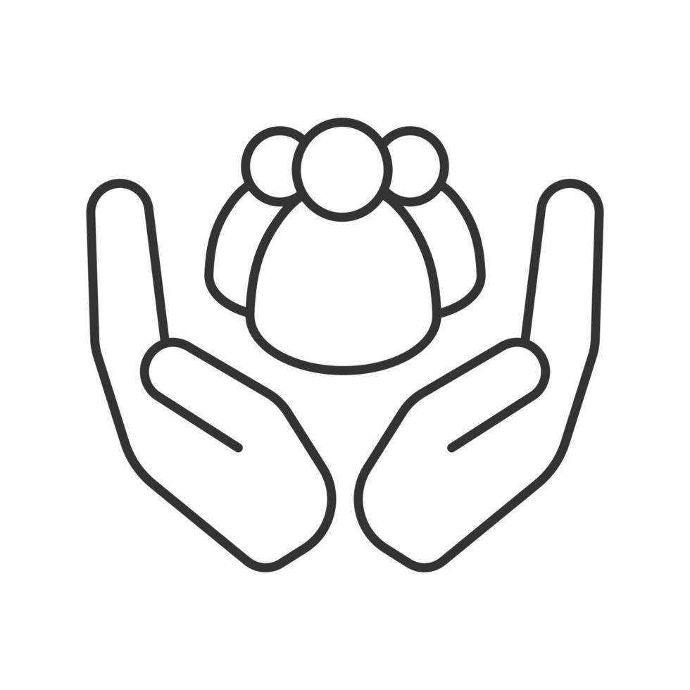Open palms with group of people linear icon. Society care. Thin line illustration. Community contour symbol. Vector isolated outline drawing