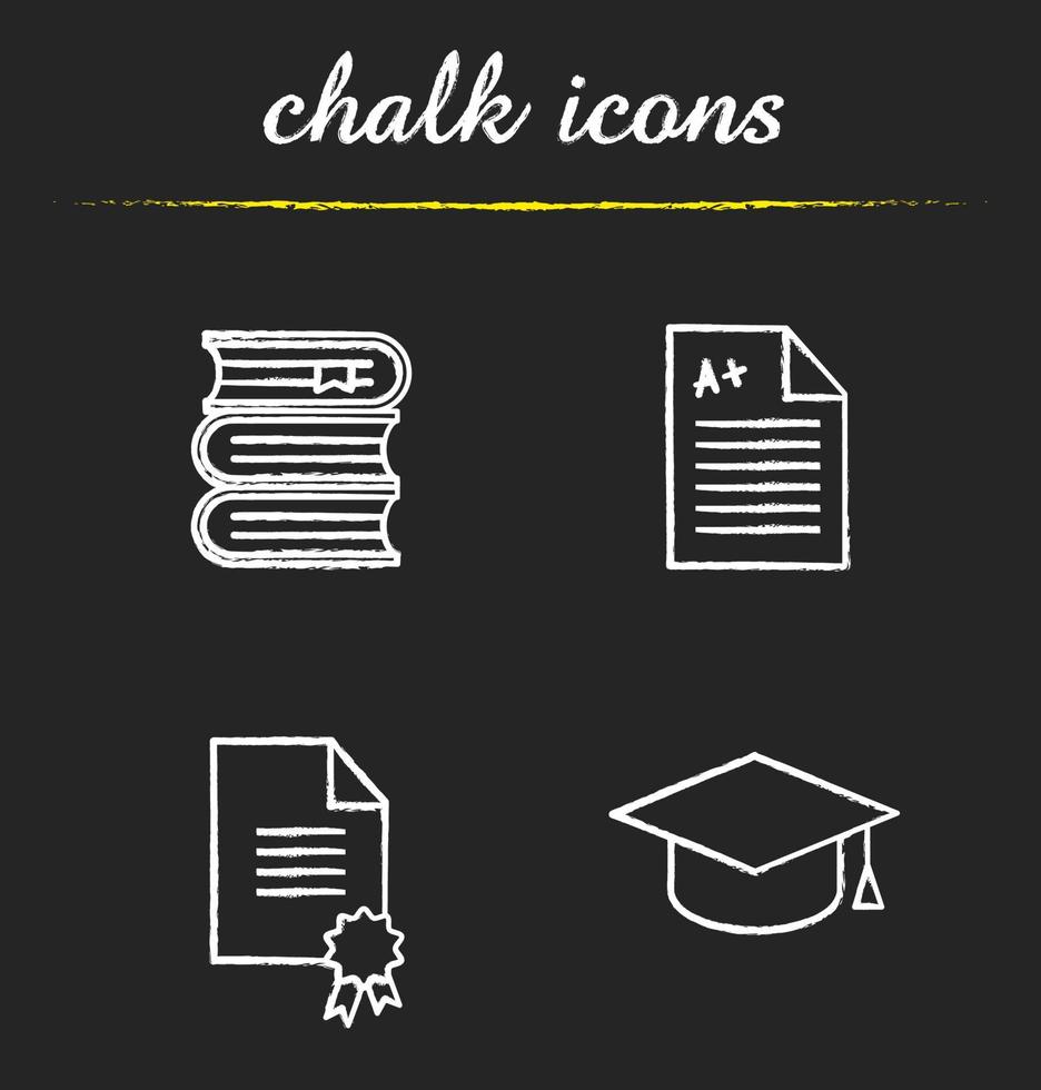 High education chalk icons set. Student's graduation hat, diploma, test with excellent mark, books stack. Isolated vector chalkboard illustrations