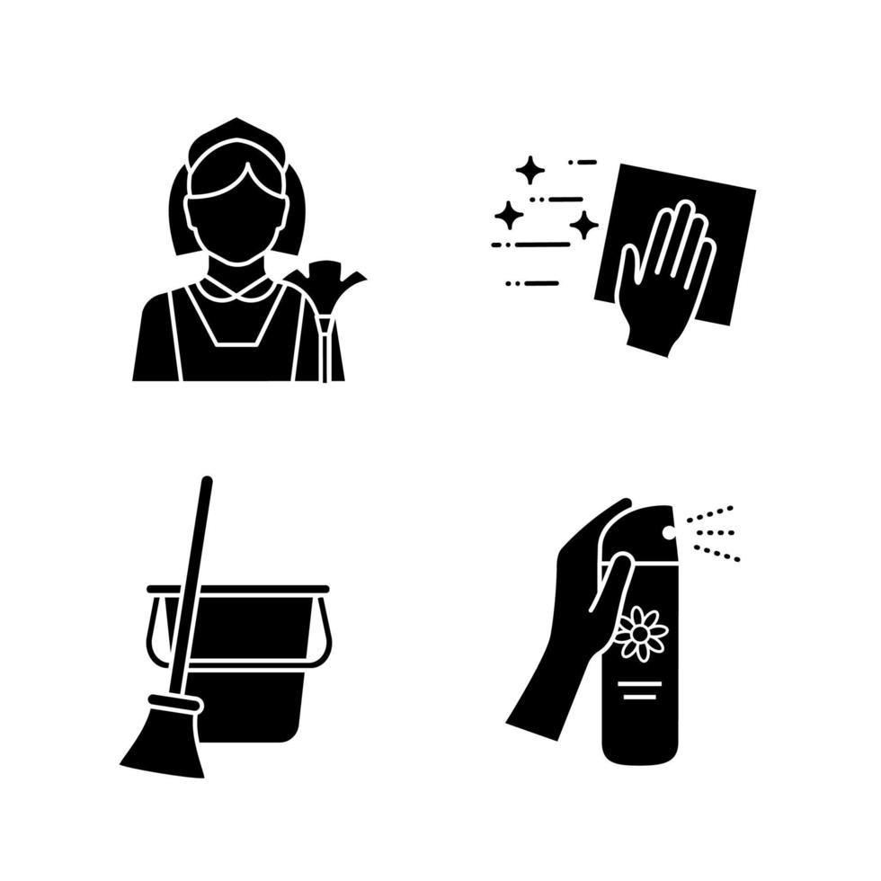 Cleaning service glyph icons set. Maid, cleaning napkin, broom and bucket, air freshener. Silhouette symbols. Vector isolated illustration