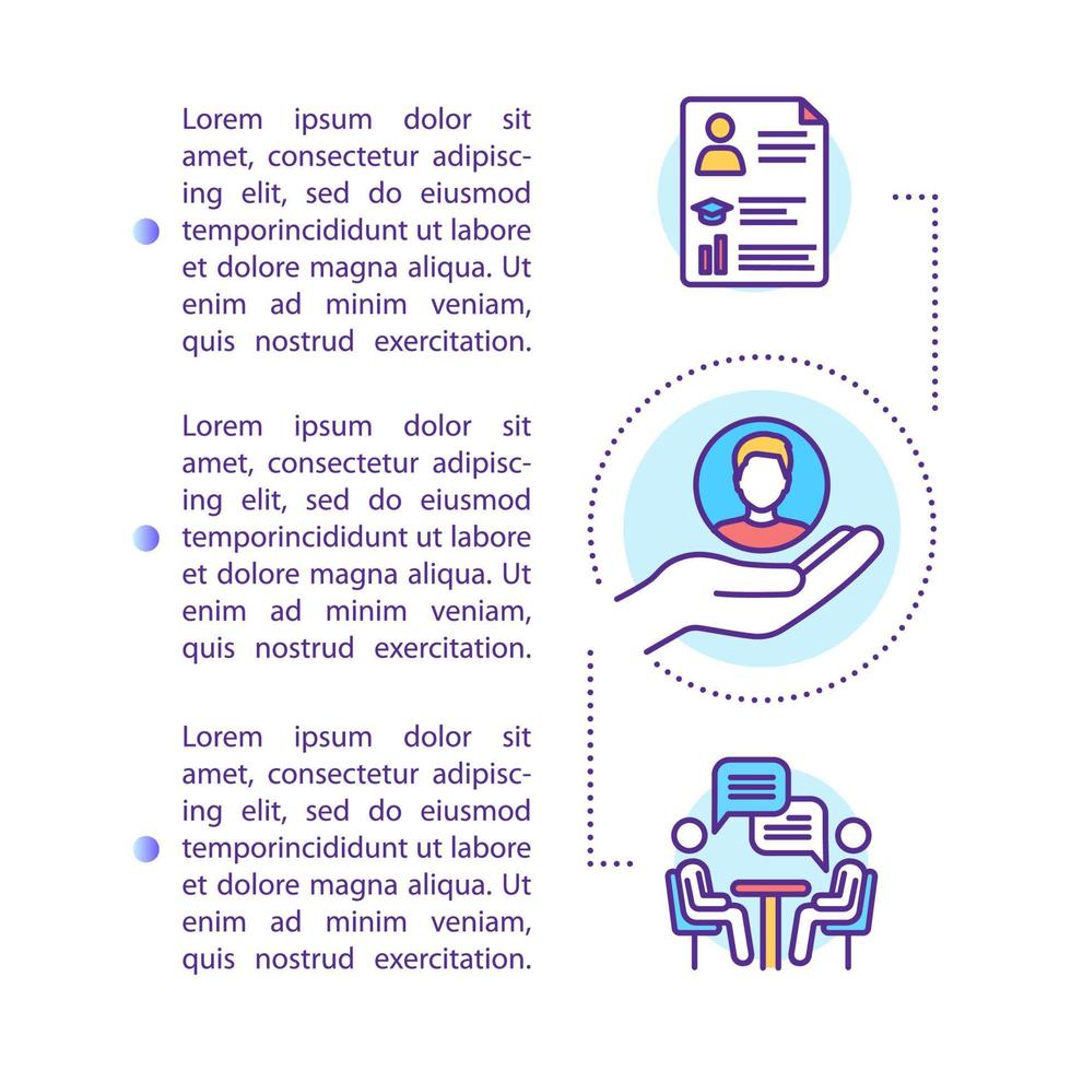 Acceptance interview concept icon with text. University entrance. College applicant. Job hiring. Article page vector template. Brochure, magazine, booklet design element with linear illustrations