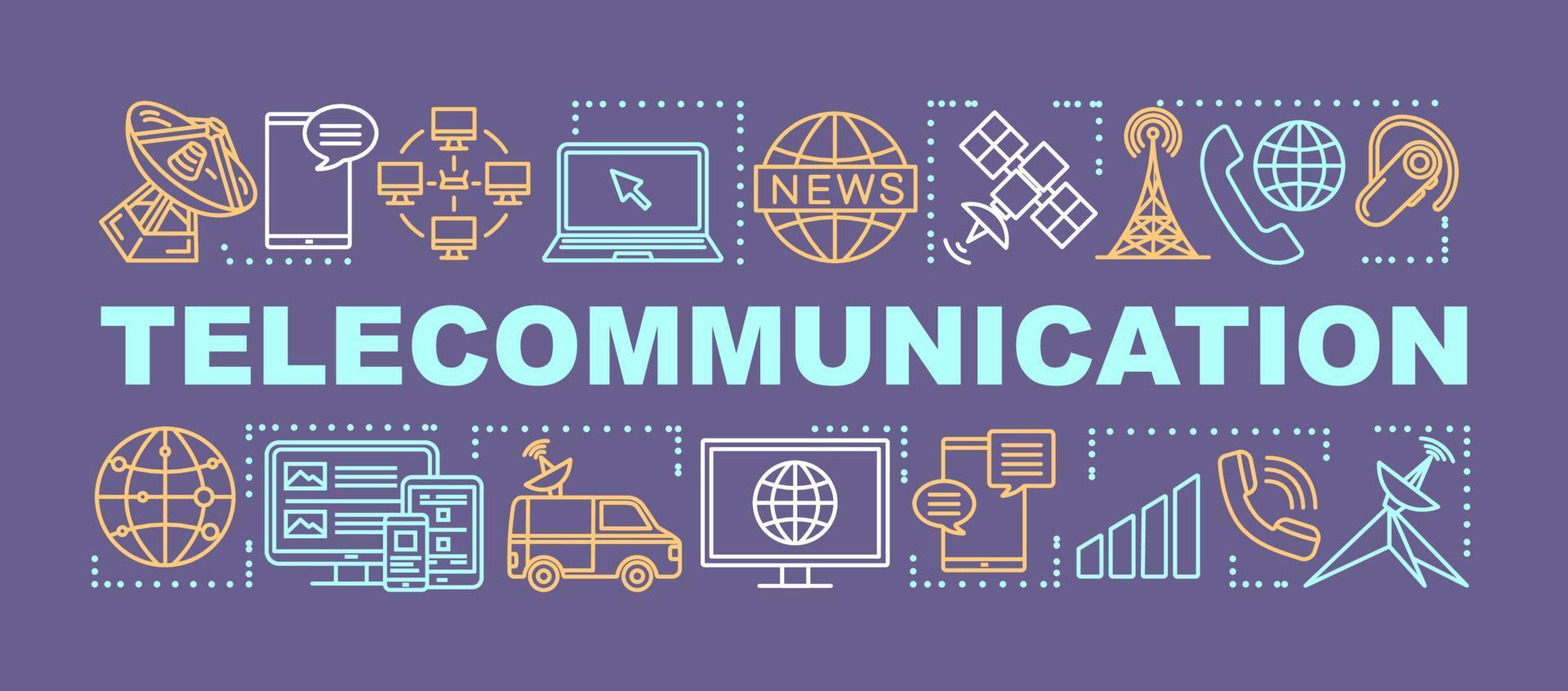 banner de conceptos de palabra de telecomunicaciones. servicio de comunicación global. sistema de telecomunicaciones. presentación, sitio web. idea de tipografía de letras aisladas con iconos lineales. ilustración de contorno vectorial vector