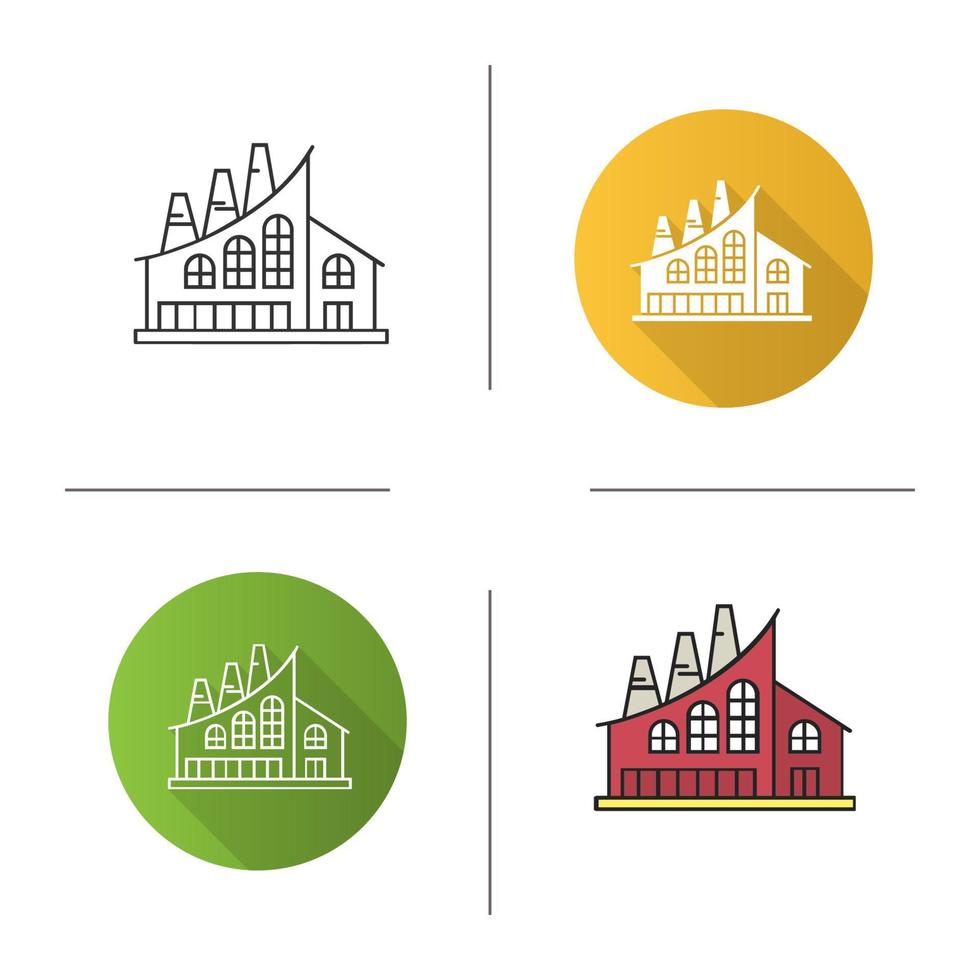 Industrial factory icon. Flat design, linear and color styles. Plant. Isolated vector illustrations