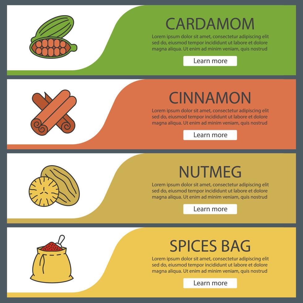 Conjunto de plantillas de banner web de especias. bolsa de cardamomo, canela, nuez moscada, especias. elementos del menú de color del sitio web. conceptos de diseño de encabezados vectoriales vector