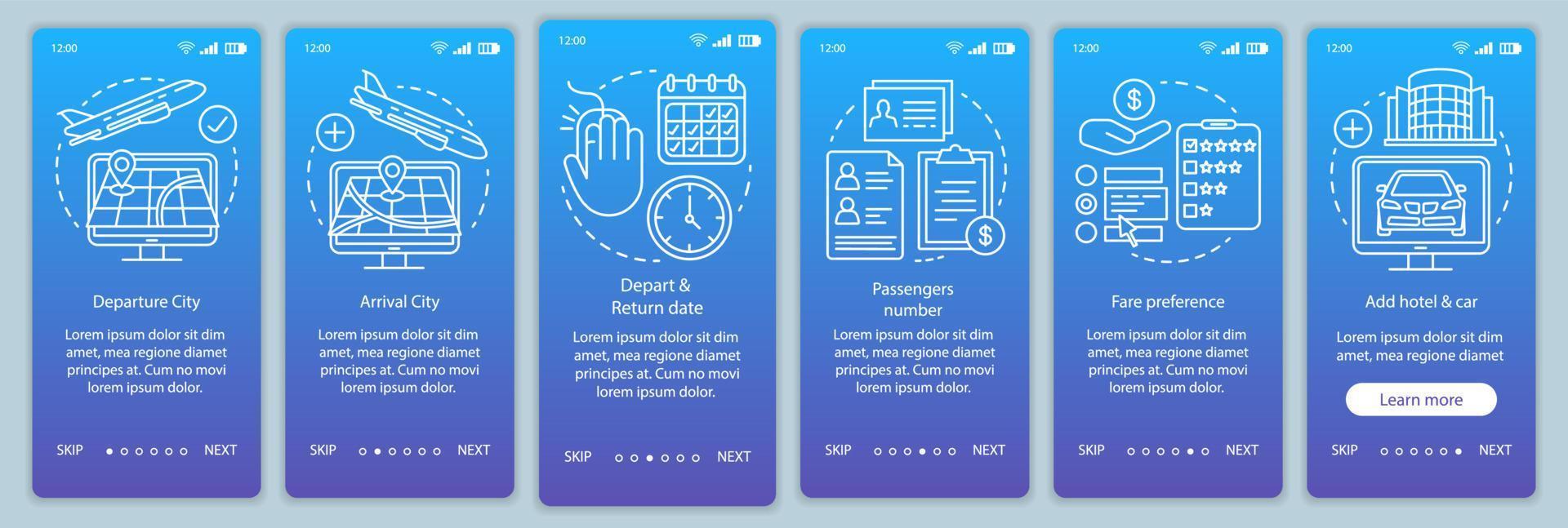 Trip planning blue onboarding mobile app page screen vector template. Departure and arrival city, hotel. Walkthrough website steps with linear illustrations. UX, UI, GUI smartphone interface concept