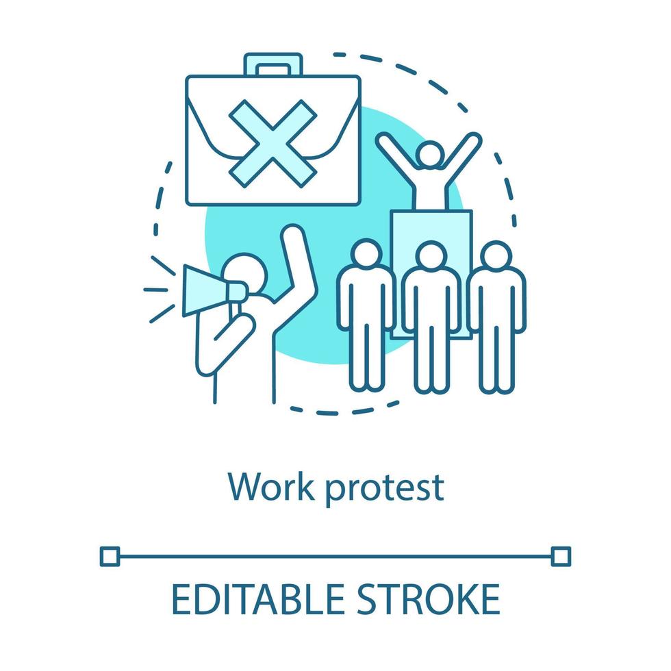 Work protest concept icon. Social demonstration, labor union strike, communism idea thin line illustration. Angry workers, protesters with megaphone vector isolated outline drawing. Editable stroke