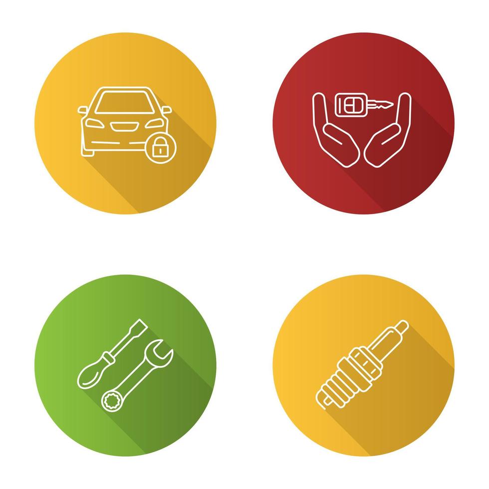 Auto workshop flat linear long shadow icons set vector