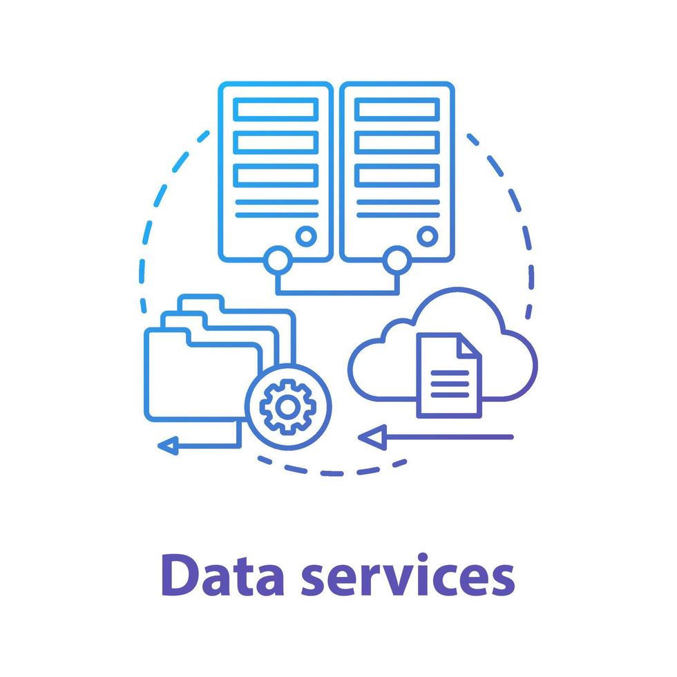 icono del concepto de servicios de datos. gestión de información de usuario idea ilustración de línea fina. bases de datos y servidores de datos. carga de archivos en la nube. gestión de aplicaciones. dibujo de contorno aislado vectorial vector