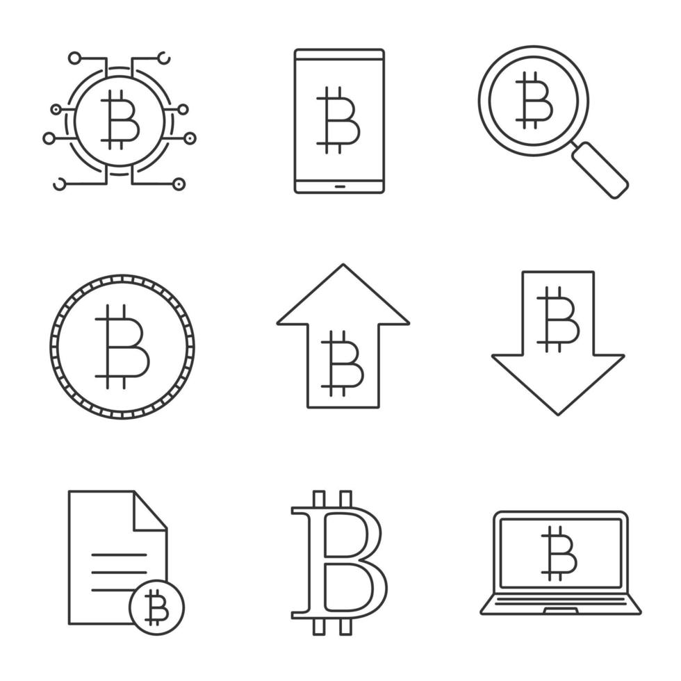 Conjunto de iconos lineales de bitcoin. símbolos de contorno de línea fina. carteras digitales, tasa de subida y bajada, documento, moneda, búsqueda, signo de bitcoin. ilustraciones de contorno vectorial aislado vector