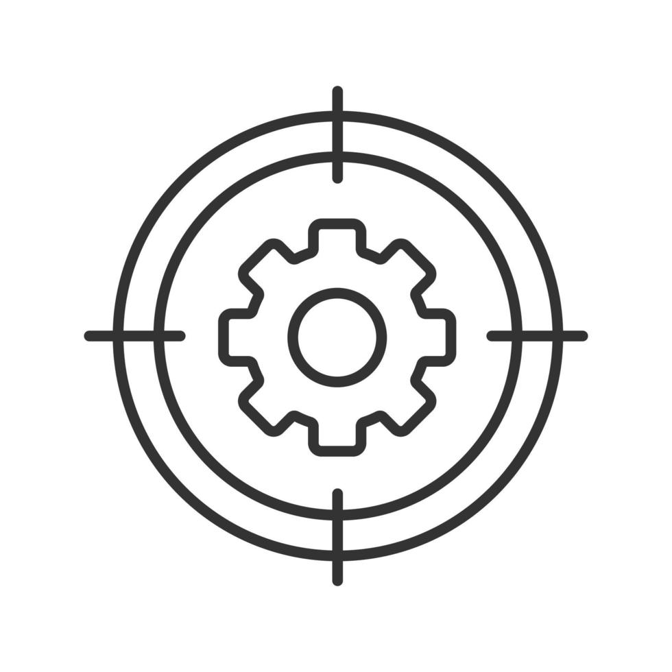 Aim on cogwheel linear icon. Search settings, options thin line illustration. Engineer finding contour symbol. Vector isolated outline drawing