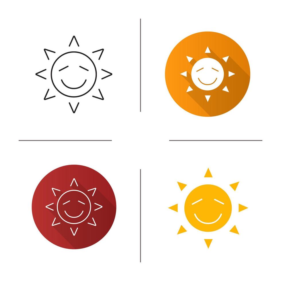 Happy sun smile icon. Flat design, linear and glyph color styles. Smiley with closed eyes. Good mood. Isolated vector illustrations