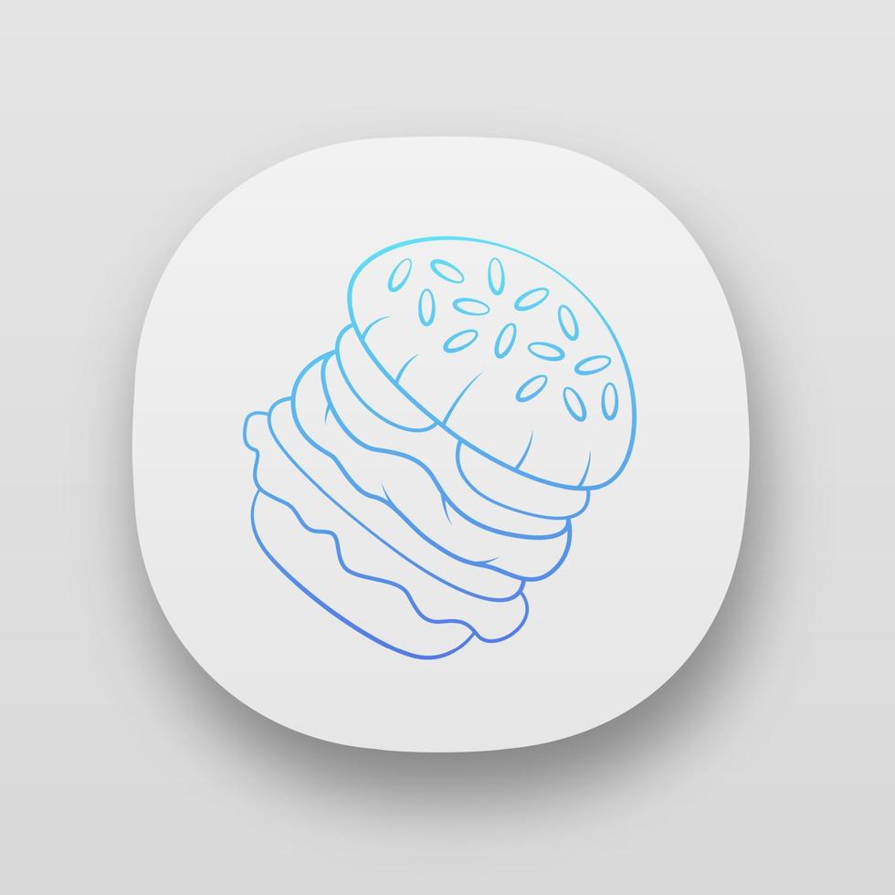 Burger app icon. Fast food cafe, restaurant menu. Hamburger, cheeseburger, vegan burger. Quick meal. Sesame bun. Web or mobile applications. Vector isolated illustrations