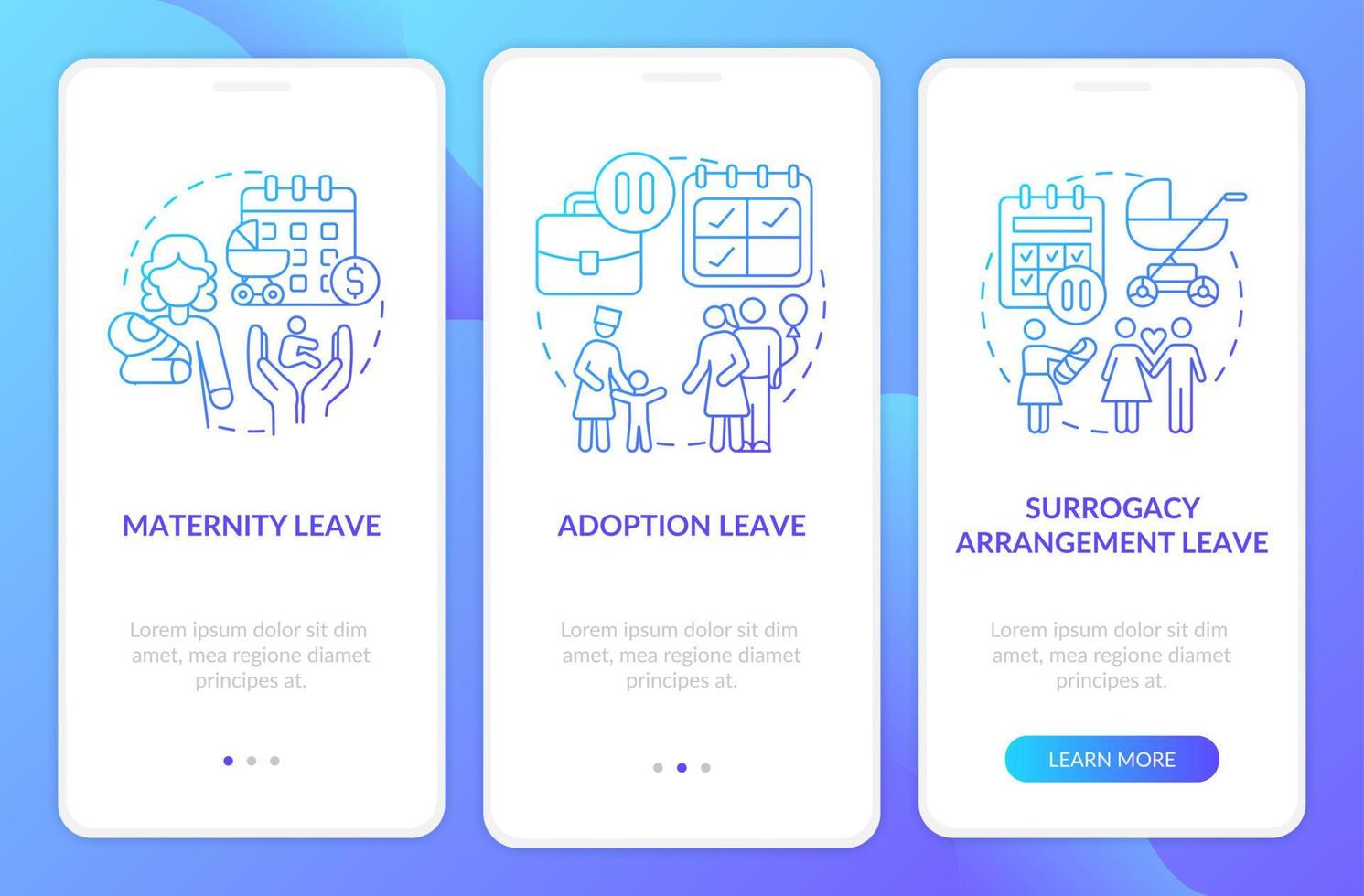 Maternity leave types blue gradient onboarding mobile app page screen vector